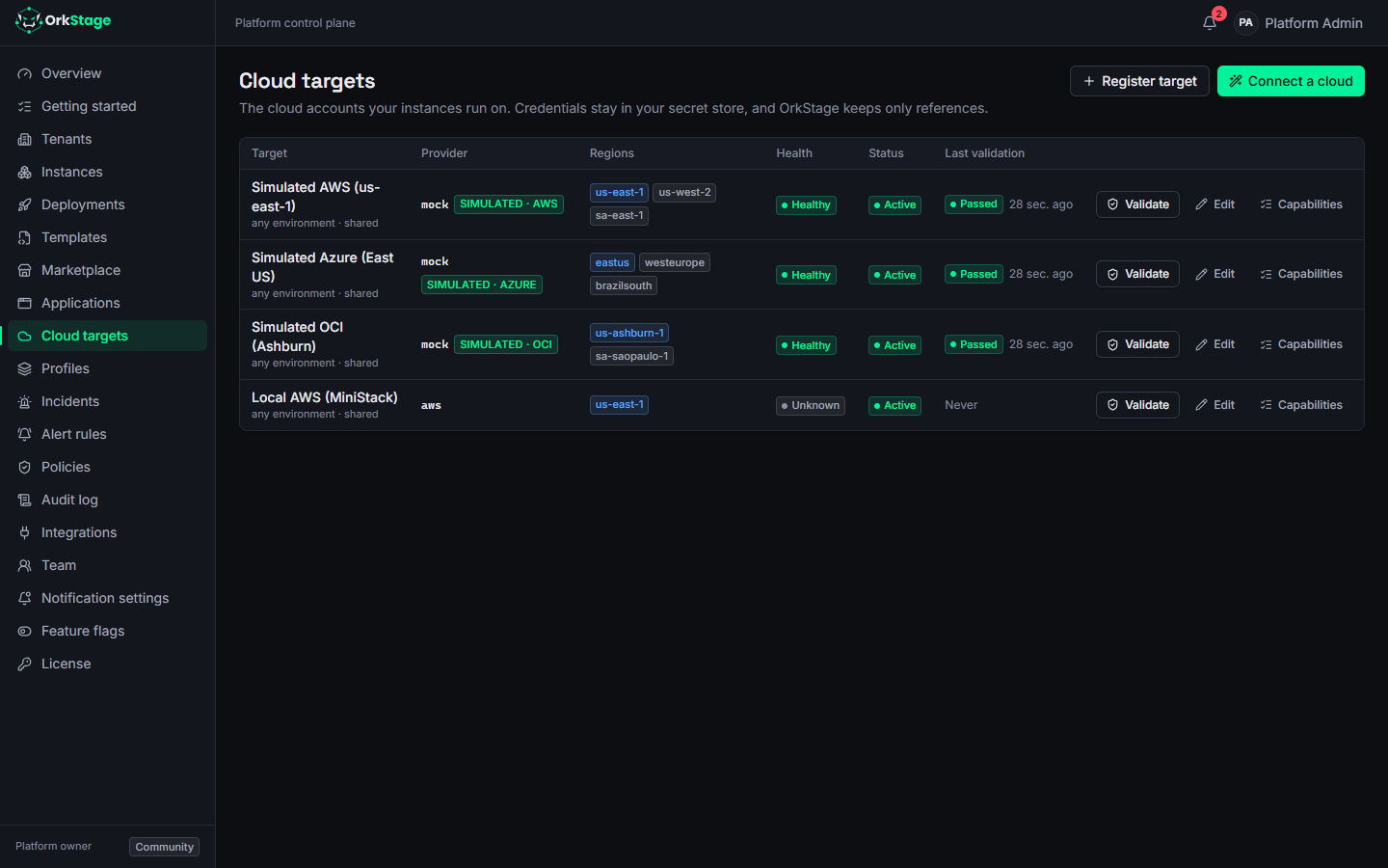 The cloud target list with provider, regions, health and last validation