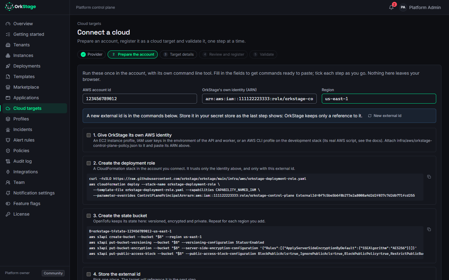 The Connect a cloud wizard preparing an AWS account