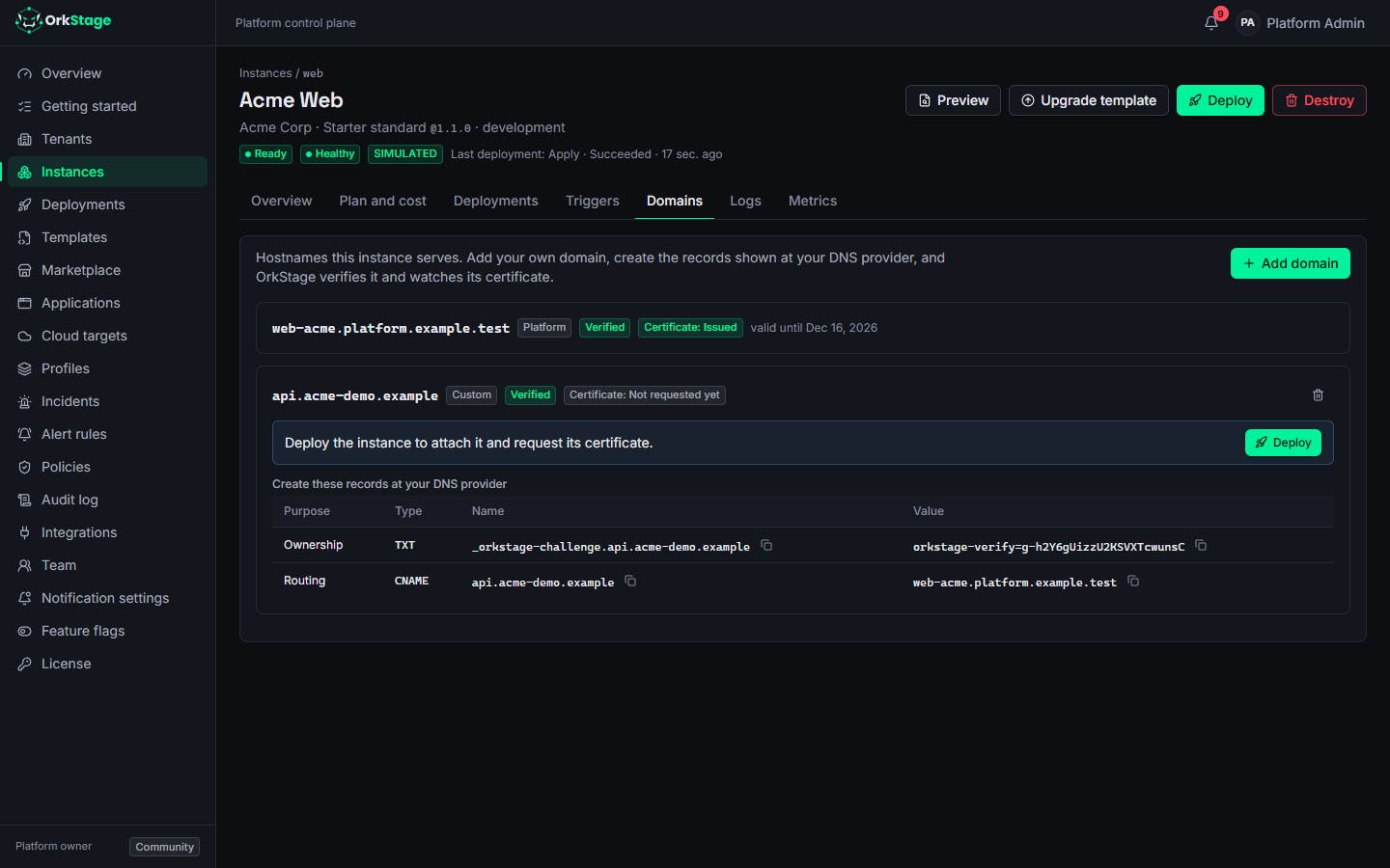 The Domains tab of an instance with a verified custom domain waiting for a deployment