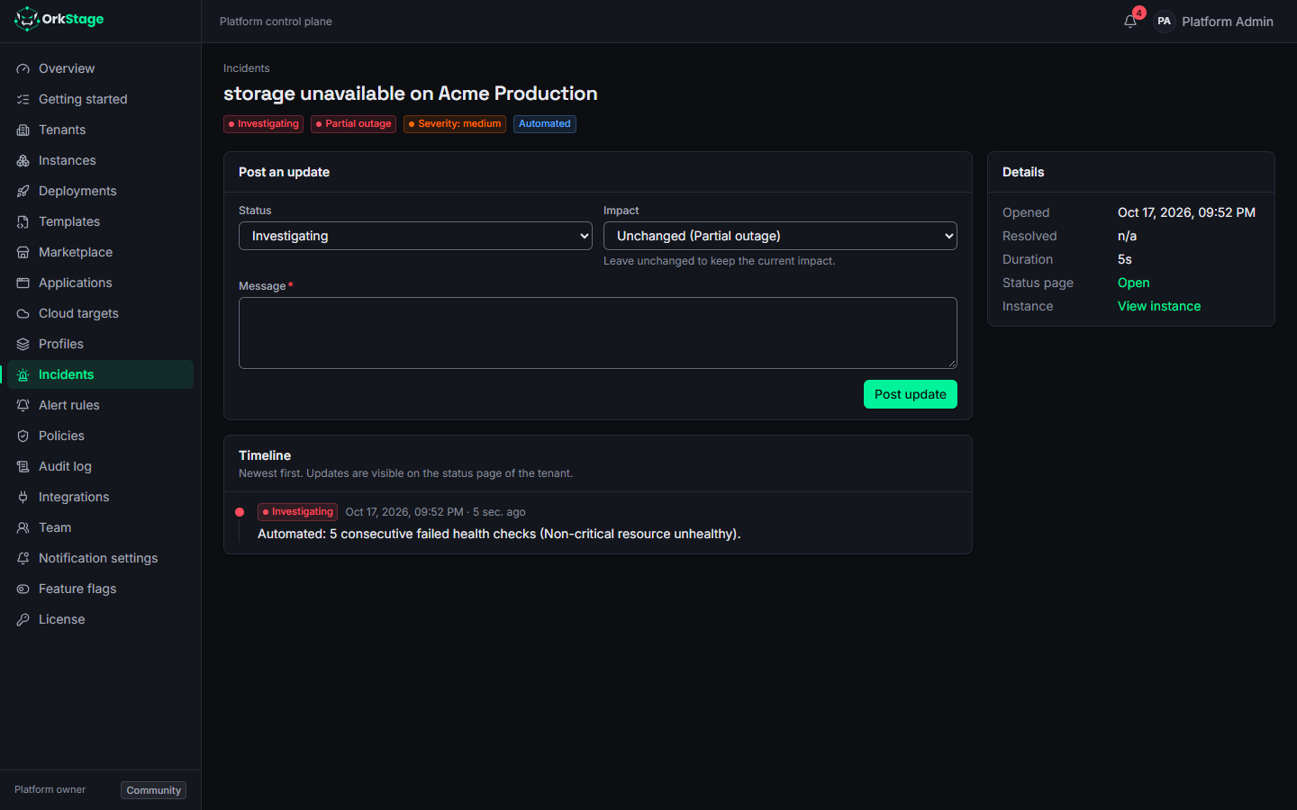 An automated incident with its timeline and the form to post an update