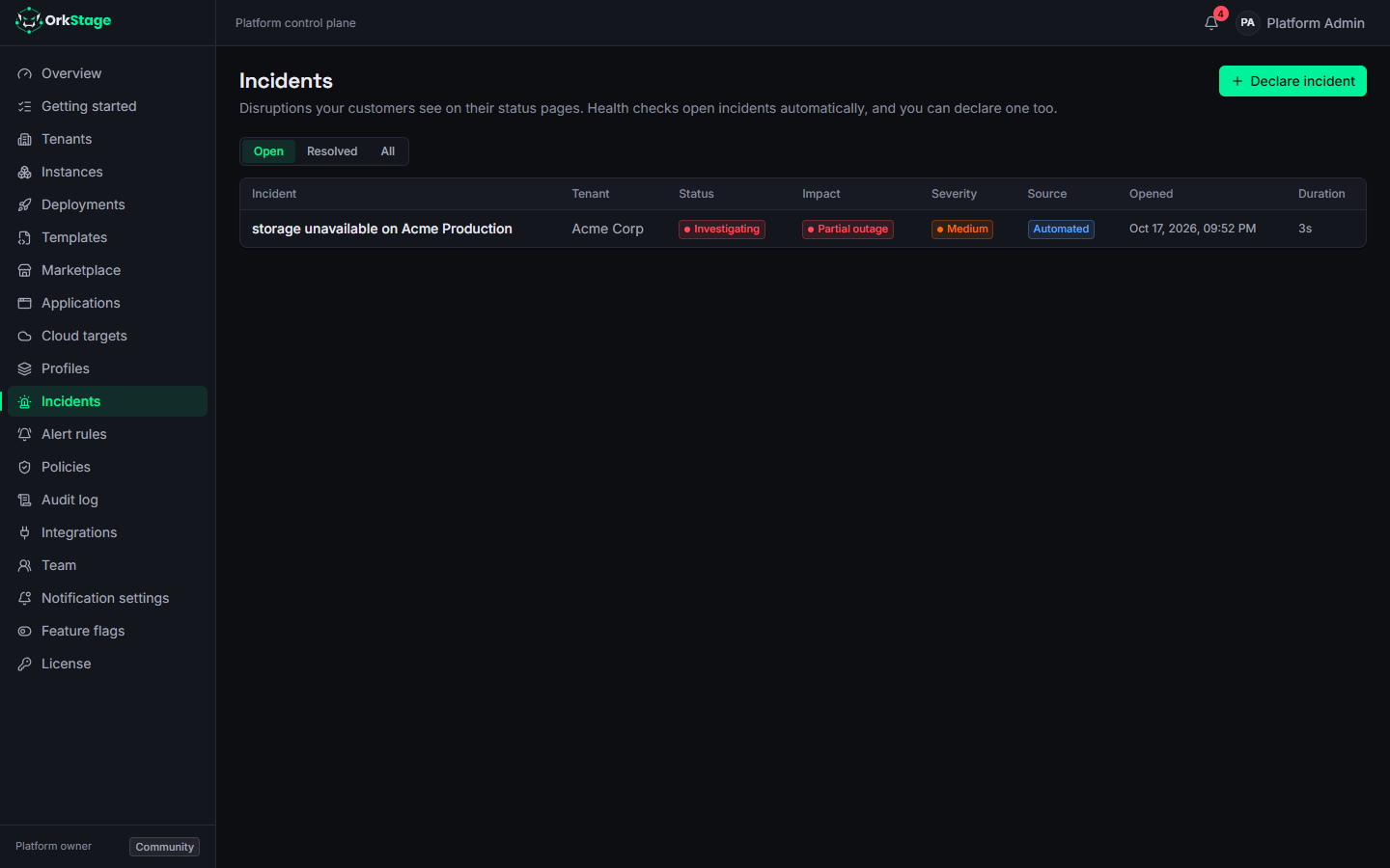 The incident list with an open automated incident