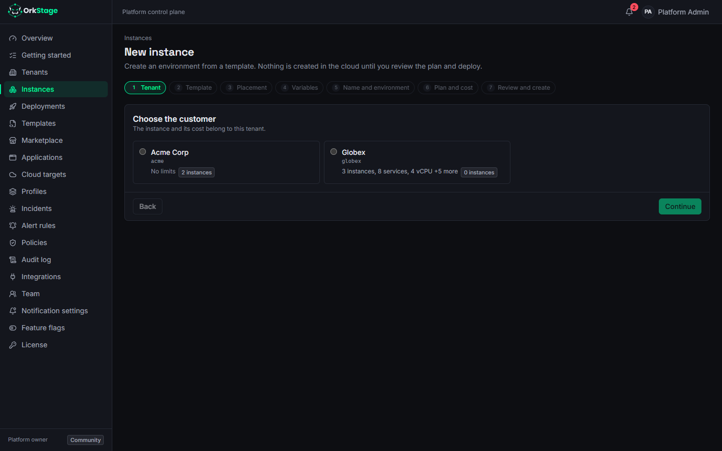 The new instance wizard on its first step, choosing the tenant