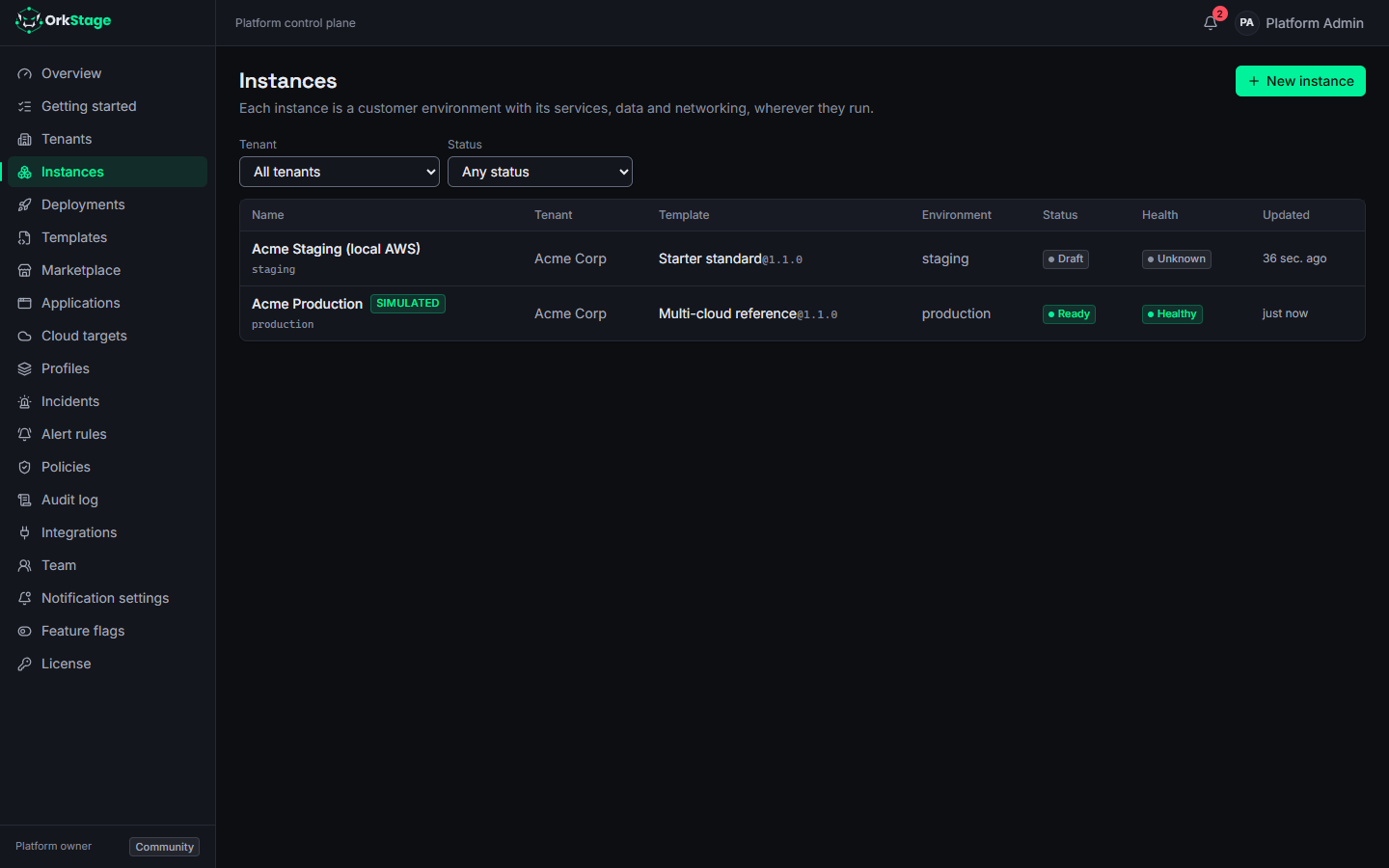 The instance list with status, health, environment, template and tenant