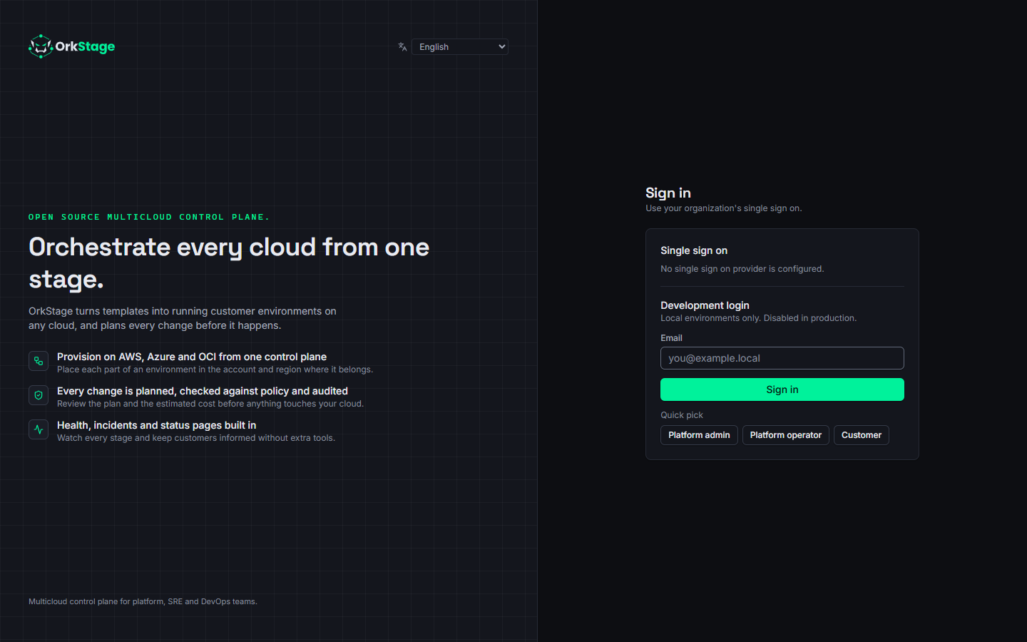 The console sign in page with single sign on and the development login