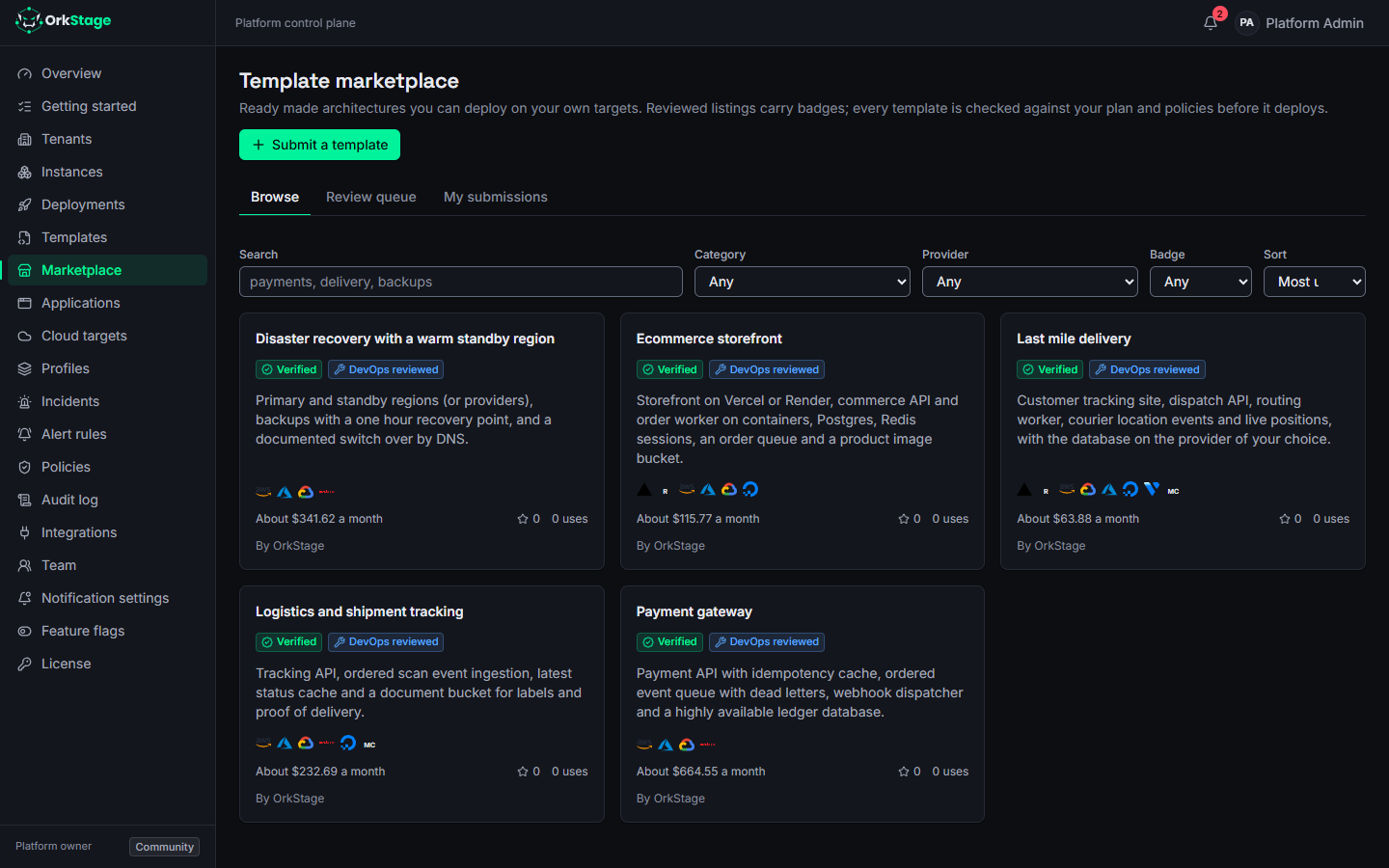 The template marketplace with search, filters and template cards