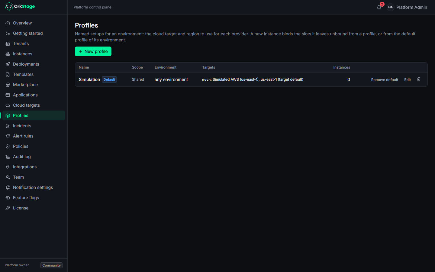 The profiles page with a shared default profile and its target per provider