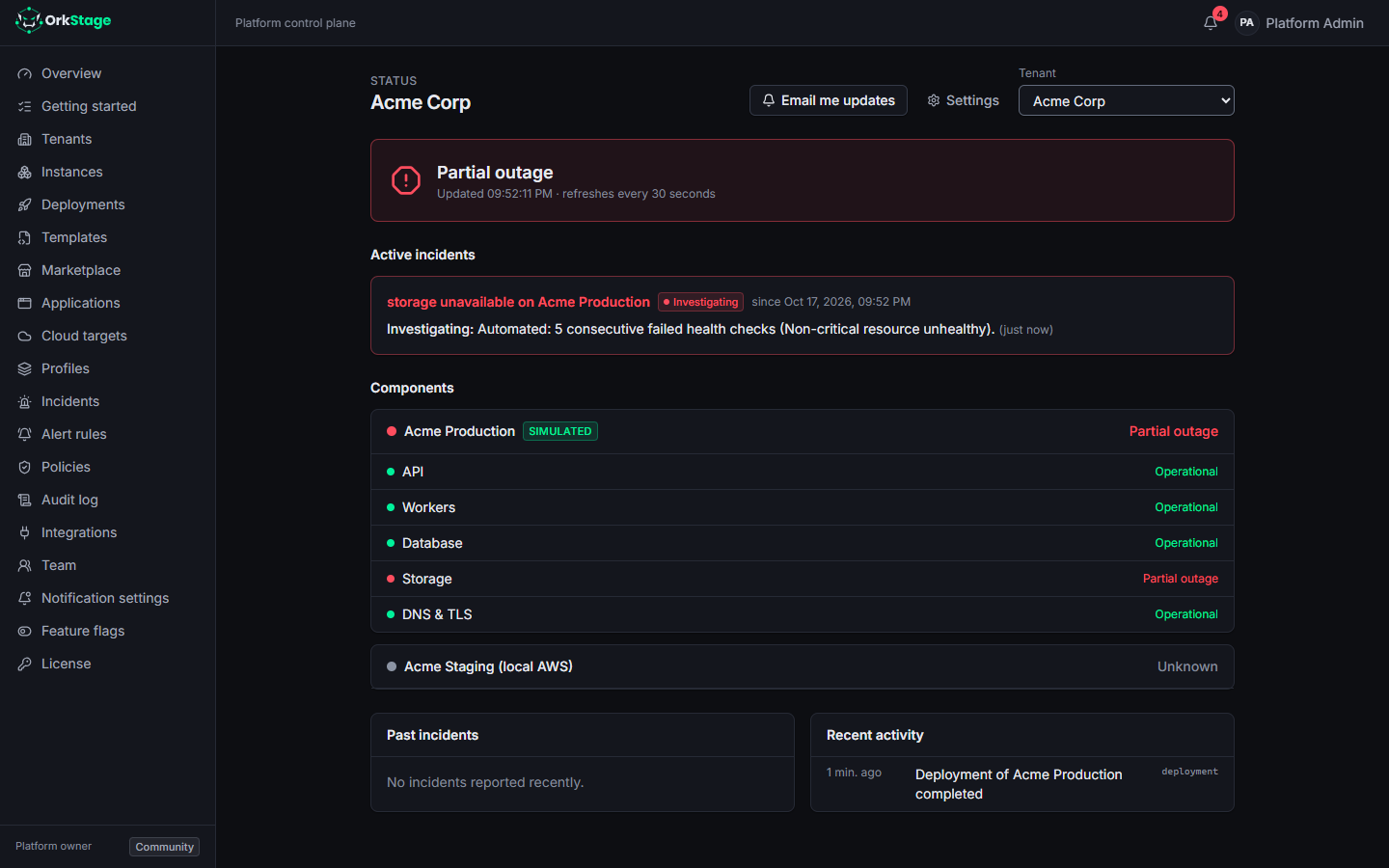 The status page of a tenant during a partial outage of its storage component