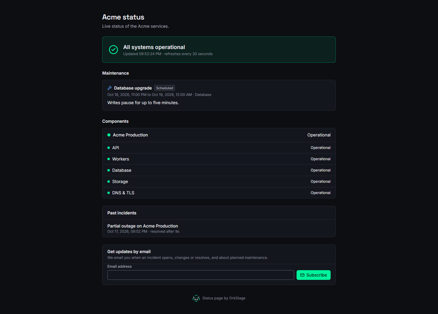 The public status page of Acme with a planned database upgrade and the email subscription form