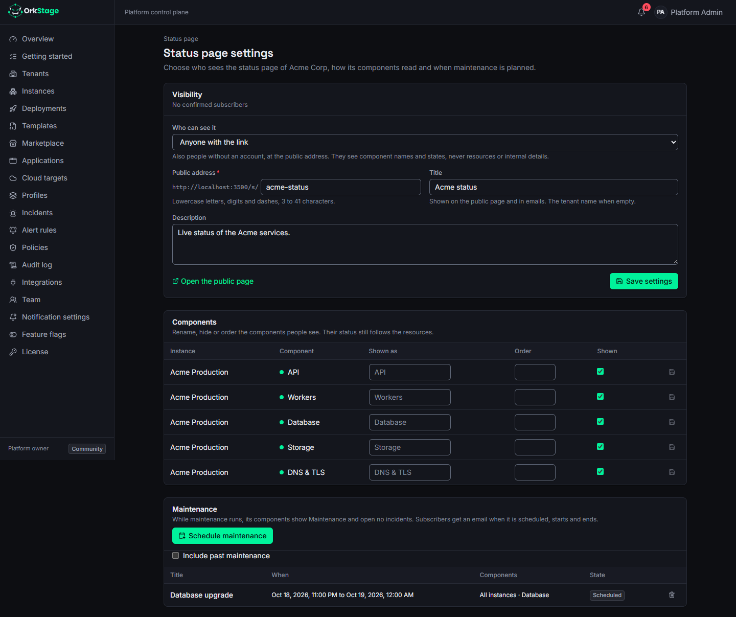 Status page settings: visibility, public address, components and planned maintenance